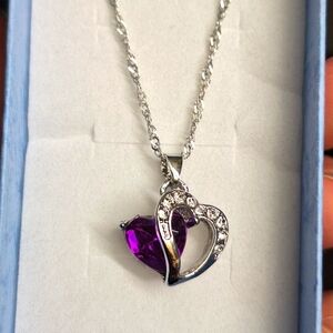 Double heart pendant necklace purple Cubic Zirconia stone